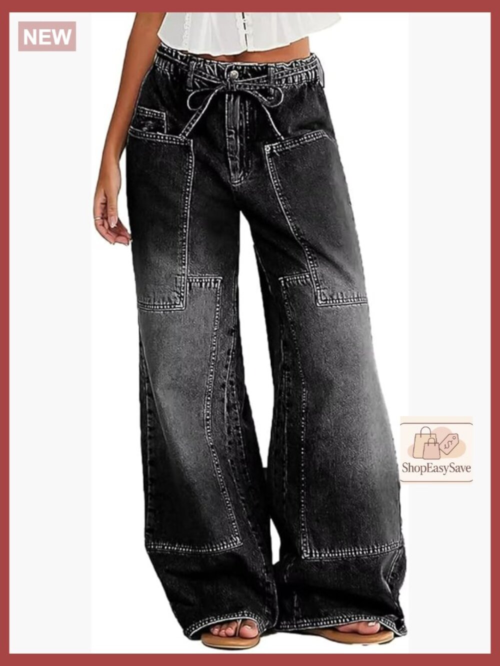 Wide Leg Jeans Elastic Waist Baggy Y2K Denim Pants with Pockets